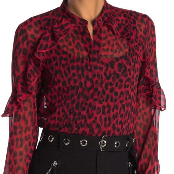 Animal Print Black & Ox Blood Red Leopard Ruffle Blouse - Picture 4 of 4